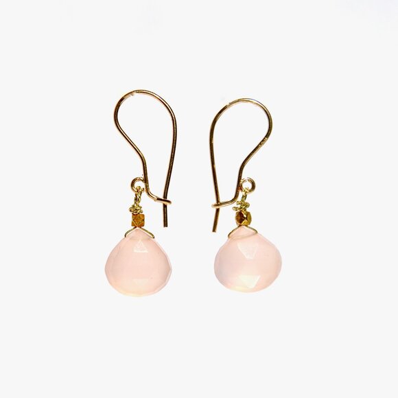 14k Solid Yellow Gold Pink Chalcedony Tear Drop Dangler/Earrings - Picture 3 of 4